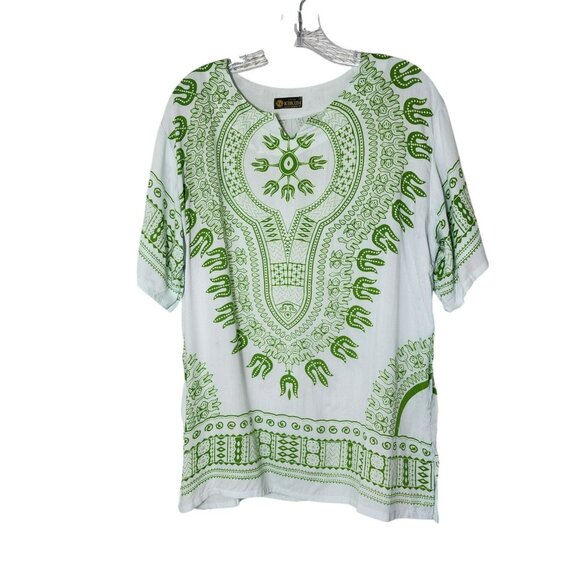 KUKUH Dashiki Tunic Shirt One Size Green Batik Print‎ Relaxed Fit Cotton - Picture 4 of 6